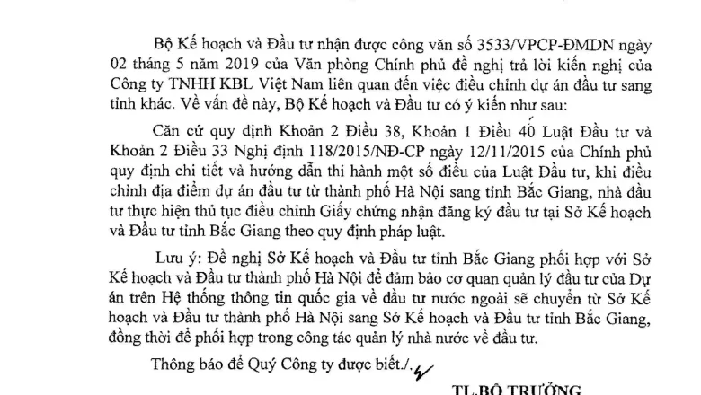 Chuyển địa điểm thực hiện dự án khác tỉnh