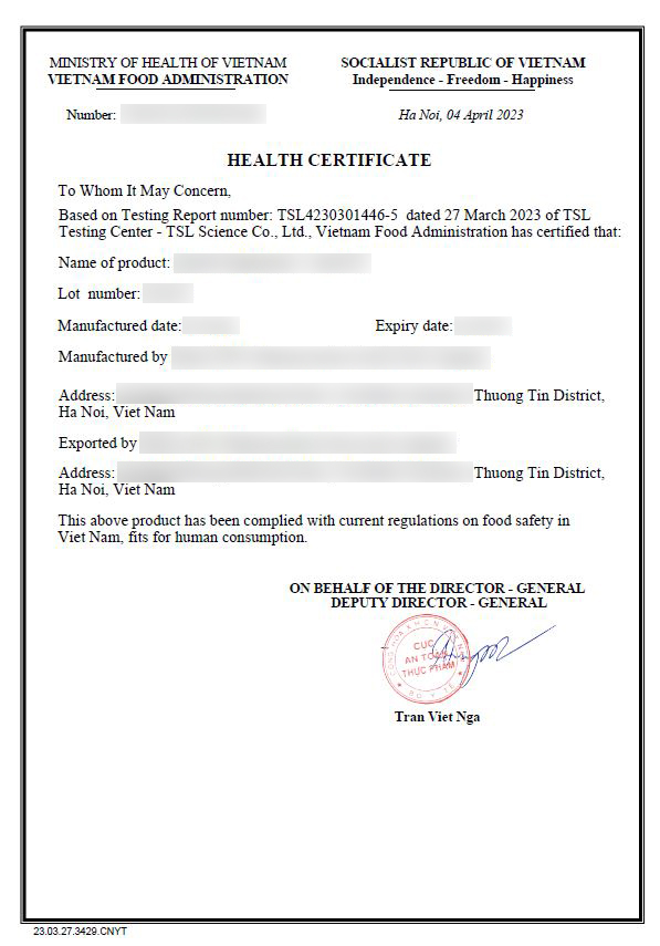 Chứng nhận y tế Health Certificate - HC