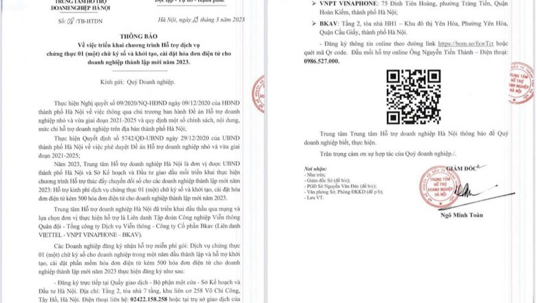 Miễn phí 1 năm chữ ký số và 500 số hóa đơn cho doanh nghiệp mới thành lập tại Hà Nội