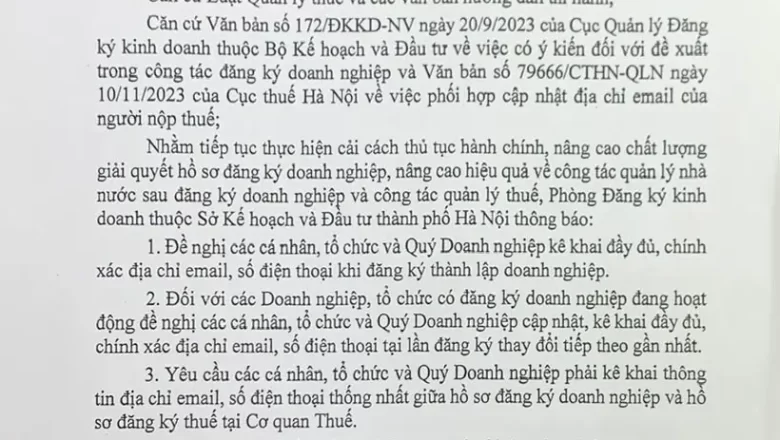 Bổ sung email khi đăng ký kinh doanh?