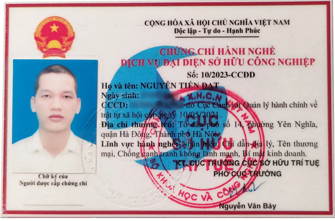 Mẫu chứng chỉ hành nghề đại diện sở hữu công nghiệp của Luật sư Nguyễn Tiến Đạt