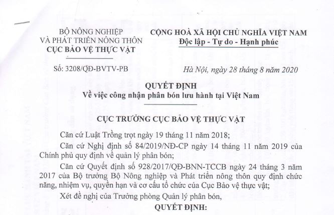 Quyết định lưu hành phân bón tại Việt Nam