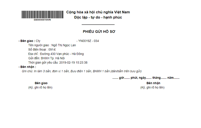Đăng ký chuyển phát hồ sơ BHXH